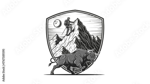A stylized illustration features a mountain climber ascending a peak above a charging bull, within a shield