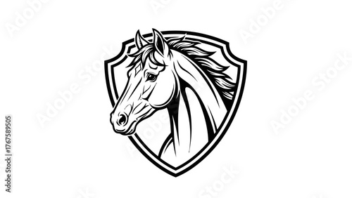 A black and white illustration of a horse's head inside a shield