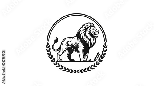 A regal lion, within a laurel wreath and circle, rendered in a striking black and white design