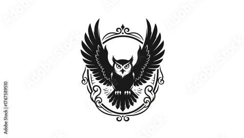 A striking black and white design of a majestic owl with spread wings, enclosed by a decorative frame