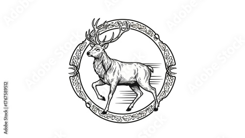 A regal stag strides confidently within a circular emblem adorned with intricate floral and foliar accents