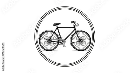 Black and white illustration of a classic bicycle inside a double-lined circular border