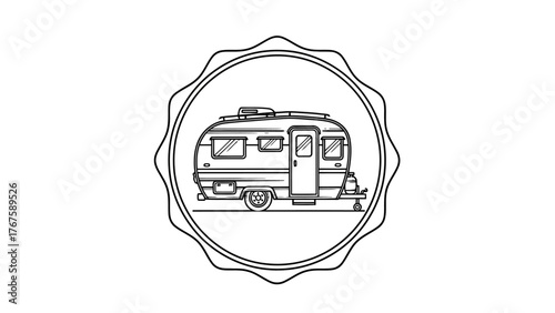 A black and white line drawing of a travel trailer inside of a decorative circular emblem