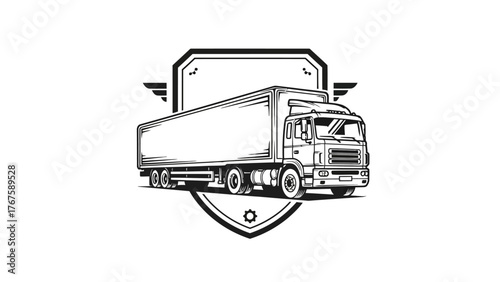 A monochrome illustration features a semi-truck with a cargo trailer set against a shield backdrop