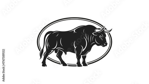 A black silhouette of a powerful bull, inside an oval frame, posed against a white backdrop