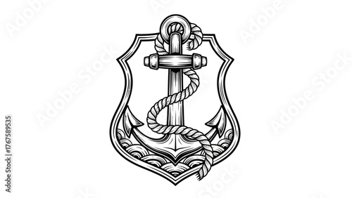 Intricate black and white illustration of an anchor intertwined with a rope, set against a shield