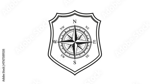 A monochrome illustration of a compass rose within a shield, with cardinal and intercardinal directions