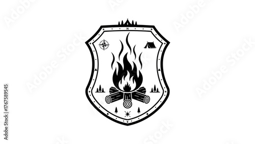 A black and white emblem featuring a campfire within a shield shape, with a compass, tent, and trees
