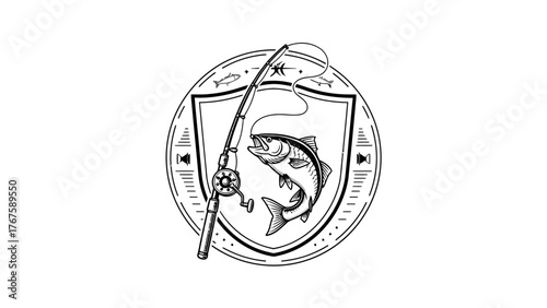 A black and white emblem featuring a fish caught with a fishing rod in a shield with decorative details