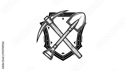 A black and white emblem featuring a crossed pickaxe and shovel, set against a shield