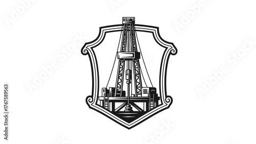 A black and white emblem featuring a drilling rig encased within an ornate, shield-shaped border