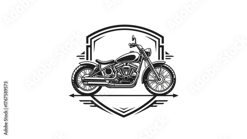 Black and white illustration of a classic motorcycle enclosed in a shield with arrow decorations