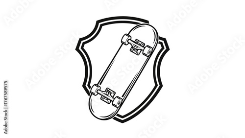 A monochrome illustration of a skateboard superimposed on a shield, both rendered with clean lines