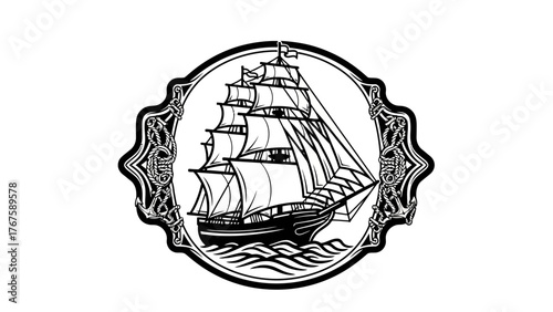 A monochrome illustration of a sailing vessel within an ornate, decorative circular frame