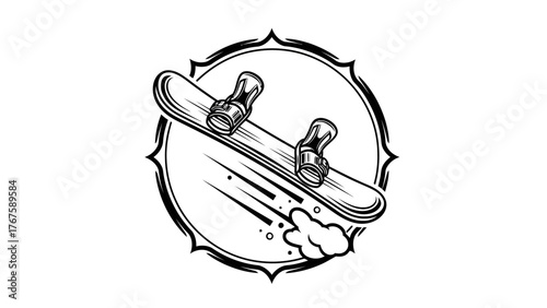 A monochrome illustration of a snowboard positioned within a circular ornate border