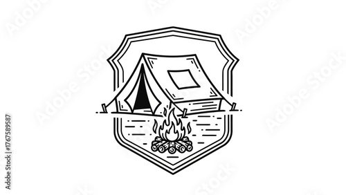 Black and white illustration of camping scene with tent, fire, and wood inside an emblem