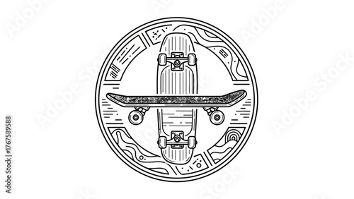 A monochrome illustration featuring two skateboards inside a decorative circular design