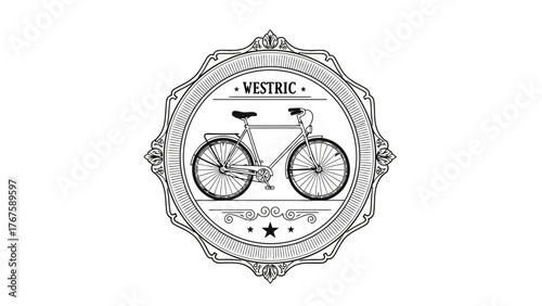A vintage-style bicycle illustration enclosed within an ornate circular frame with text and decorative elements