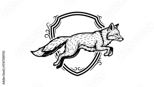 A leaping vulpine silhouette, etched in black, encircled by a decorative shield design
