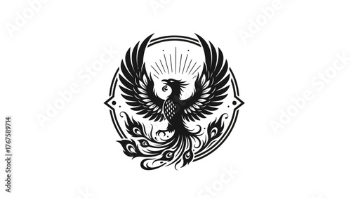A stylized black phoenix in a circular decorative frame against a white background, rising up