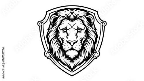 A regal lion head with a full mane is centered within a shield