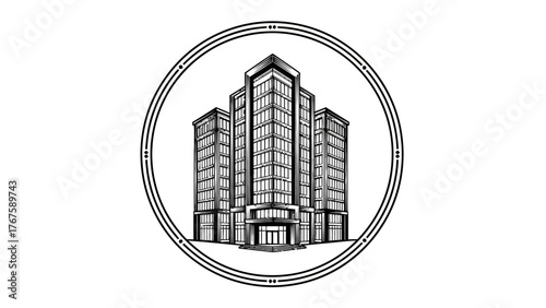 A detailed monochrome drawing, depicting a multi-story building within a decorative circular frame