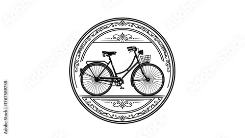 Black and white circular graphic, a bicycle framed inside an ornate border with scrollwork