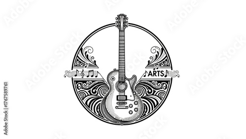A grayscale depiction of an electric guitar surrounded by a decorative circular border and musical notes