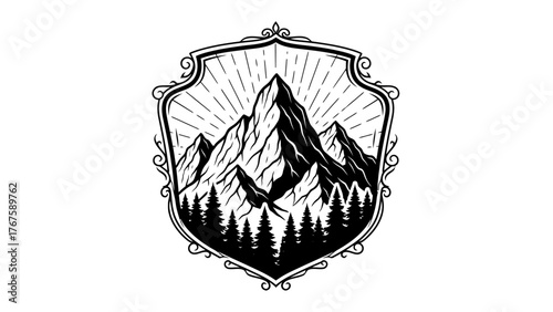 A black and white emblem showcases mountain peaks, evergreen trees, and sun rays within a decorative shield