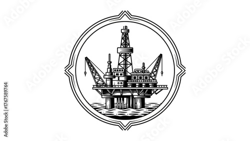 A black and white illustration of an offshore oil rig within an ornate framed border