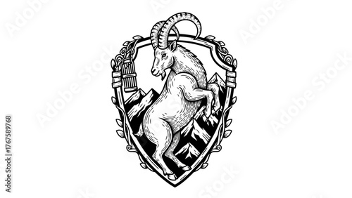 A heraldic image featuring a mountain goat within a shield, mountains in background