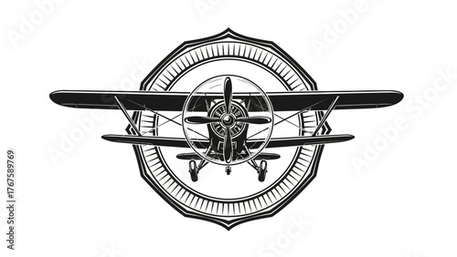 A vintage, black and white biplane illustration framed within a decorative, shield-like emblem