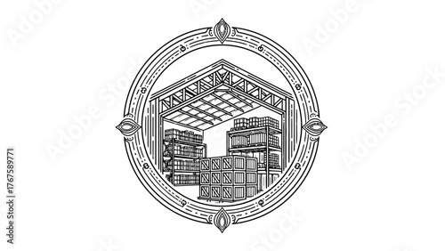 A detailed illustration of a warehouse interior within a decorative circular frame