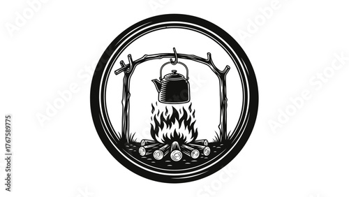 Black and white illustration depicts a campfire scene with a kettle hanging over flames, enclosed in a circle
