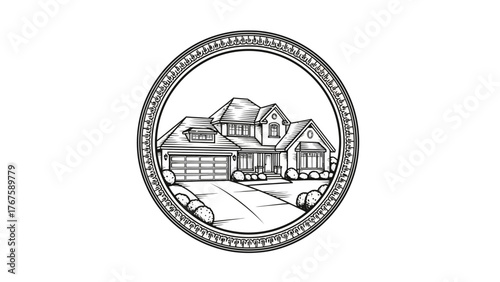 A detailed line drawing of a house, framed by an ornate circular border
