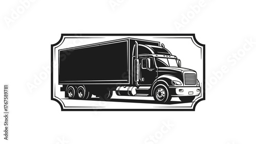 A monochrome illustration of a commercial truck inside a decorative border