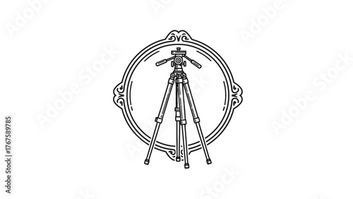 A linear illustration of a tripod positioned within a decorative ornate circular frame