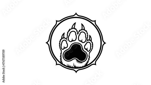 A black and white illustration of a paw print inside of a decorative circular frame