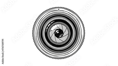 Black and white illustration of a camera lens with aperture blades in the center