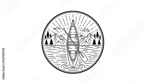 A circular illustration of a canoe on water, with mountains, trees, sun rays, and a paddle