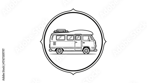 Black and white illustration of a camper van inside a decorative frame