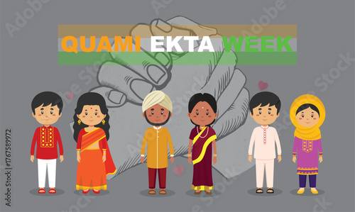 Chibi-Style Quami Ekta Week Vector:Diverse Indian Children in Cultural Attire Lineup for National Unity Education and Youth Community Harmony