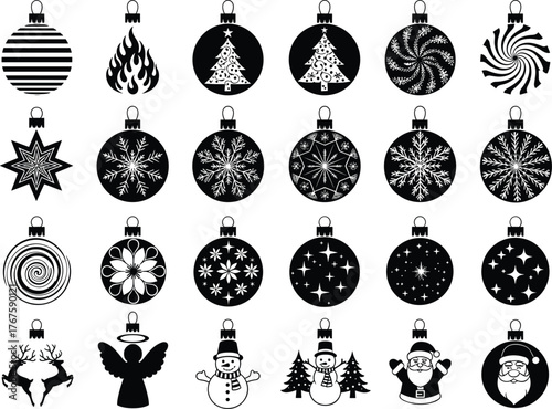 Christmas Ornaments Icons Baubles Trees Snowflakes Stars Reindeer Angel Snowman Santa Holiday Festive Seasonal Winter Decorative Silhouette Illustration Design Art