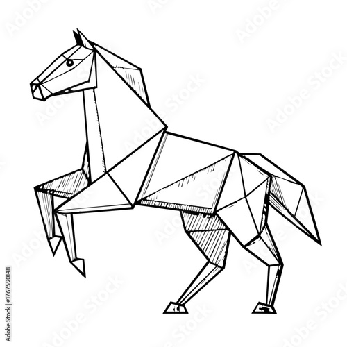 Image made with horse Origami. Monochrome. Tangrams. Line drawing illustration.	

