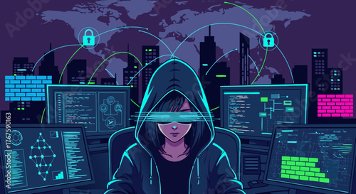 Cyber security concept Anonymous hacker in a dark room with multiple computer monitors displaying code and network diagrams