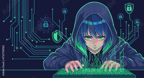 Hacker in a Hoodie Typing on a Keyboard Amidst Digital Circuits and Security Icons Representing Cybersecurity and Online Protection