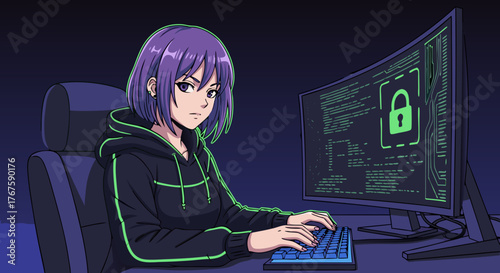 Cybersecurity expert working on a computer at night, analyzing code and securing digital information, representing tech and data protection
