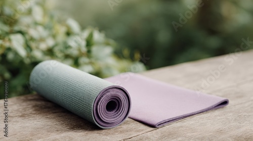 Purple yoga mat is rolled up on a wooden table
