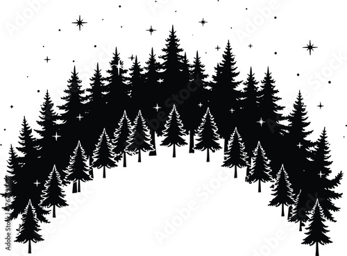 Pine Trees Arch Forest Stars Night Sky Silhouette Nature Landscape Holiday Festive Seasonal Winter Symmetry Illustration Design Outdoor Scenic Art