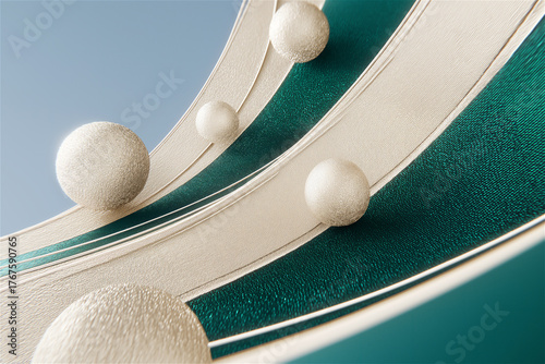 Modern abstract design with metallic circular shapes and white pearls, concept of geometry, luxury and minimal style.